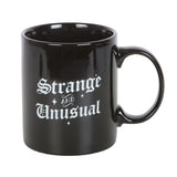 Strange and Unusual Mug featuring gothic lettering, 300ml capacity, perfect for hot beverages and showcasing your quirky style.