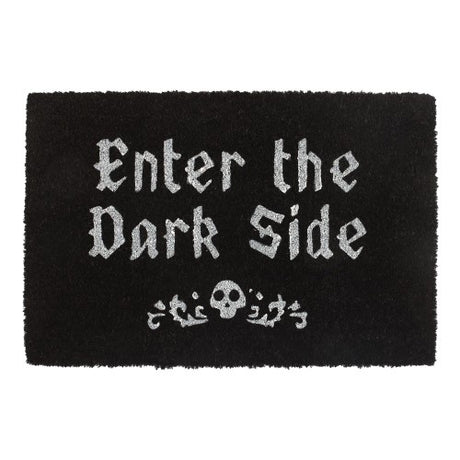 Black coir doormat with "Enter The Dark Side" design, perfect for adding gothic charm to your home's entrance.