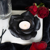Black Rose Resin Tealight Holder with intricate details, perfect for gothic decor and creating a romantic ambiance.