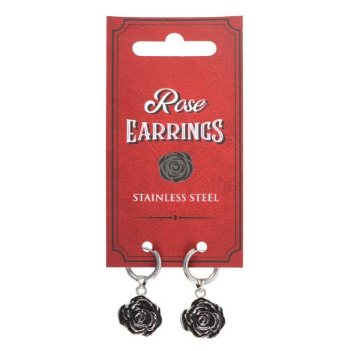 Intricately designed stainless steel rose earrings that dangle from small hoops, perfect for edgy gothic styles.