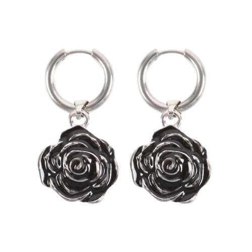 Stainless steel rose earrings with hoops, featuring a gothic design, perfect for elevating any casual or formal outfit.