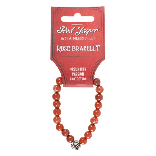 Rose Red Jasper Beaded Bracelet featuring vibrant red jasper beads and a stainless steel rose charm for a stylish gothic touch.