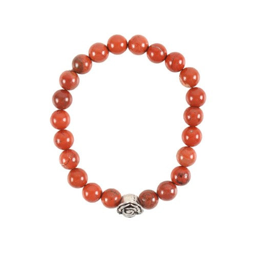 Rose Red Jasper Beaded Bracelet featuring vibrant jasper beads and a stainless steel rose charm, perfect for gothic style and emotional balance.