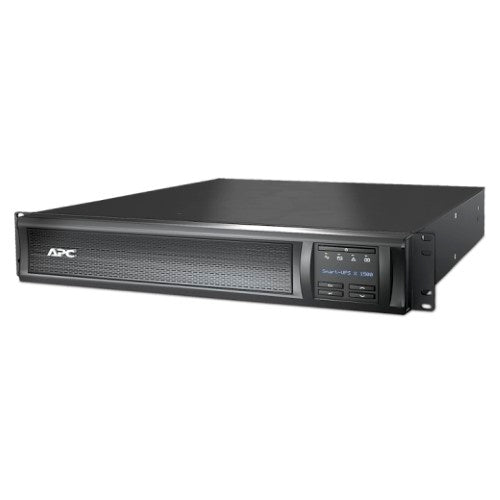 APC Smart-UPS X 1500VA: 2U rack/tower UPS with LCD, 8 outlets, 5-min runtime, 230V output, and advanced management software.