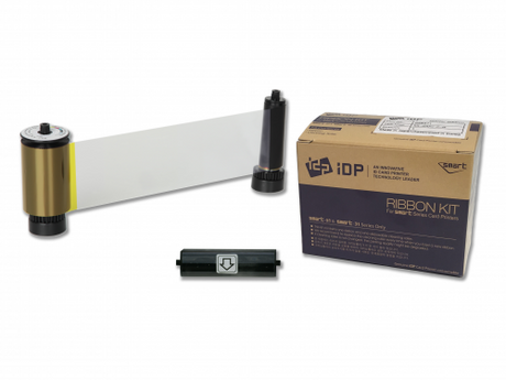 Full-color UV panel ribbon for IDP printers, prints 200 cards, includes a cleaning roller for optimal performance.