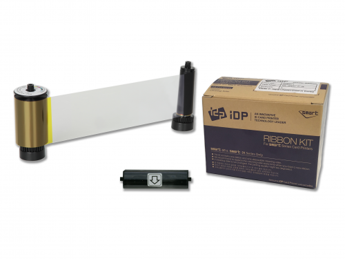 Full-color UV panel ribbon for IDP printers, prints 200 cards, includes a cleaning roller for optimal performance.