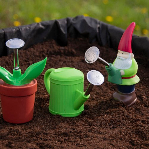 Set of 6 colorful squeeze sprinklers in Gnome, Flower Pot, and Watering Can shapes, perfect for fun and functional gardening.