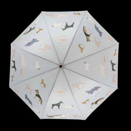 Stylish umbrella featuring various dog breeds, with a sturdy wooden handle and automatic opening for pet lovers.