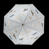 Stylish umbrella featuring various dog breeds, with a sturdy wooden handle and automatic opening for pet lovers.