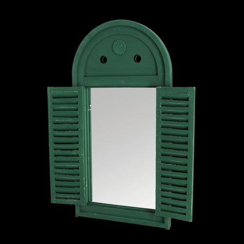 Antique-style Louvre Distressed Green Mirror with movable shutters, 75cm tall, ideal for enhancing indoor and outdoor spaces.