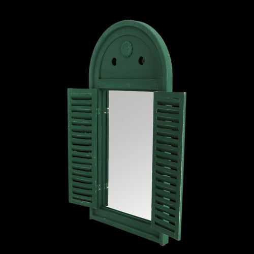 Antique-style Louvre mirror in distressed green with movable shutters, perfect for enhancing indoor or outdoor spaces.