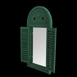 Antique-style Louvre mirror in distressed green with movable shutters, perfect for enhancing indoor or outdoor spaces.