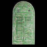 Antique-style 75cm Louvre Distressed Green Mirror with movable shutters, ideal for enhancing indoor and outdoor decor.