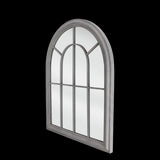 Arch metal mirror inspired by Saxon church windows, 88 x 69cm, adds elegance to any outdoor space while enhancing visual depth.