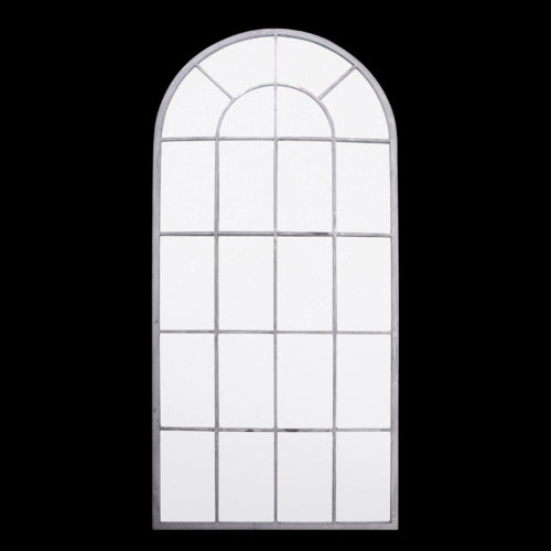 Elegant 140cm metal outdoor mirror with stained grey finish, inspired by Saxon church windows for garden and patio decor.