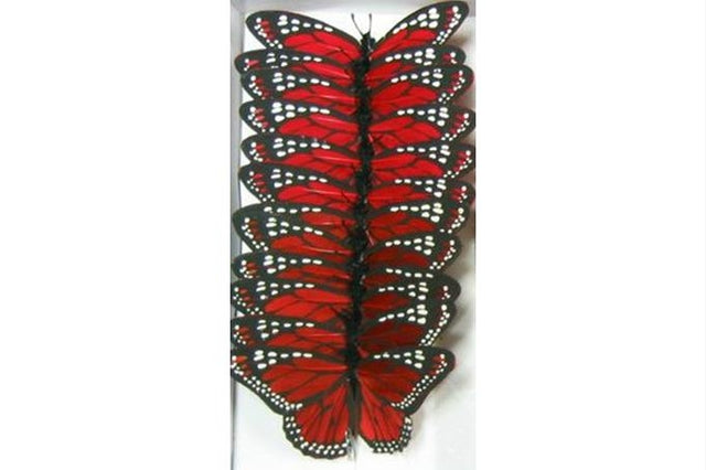 Vibrant red artificial Monarch Feather Butterflies with bendable wire, perfect for decor, crafts, and events. Pack of 12.