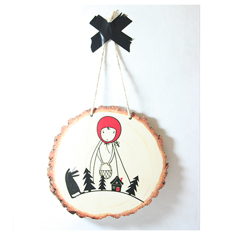 Wood slice wall art featuring Red Riding Hood, made of eco-friendly pine veneer, ready to hang, 155mm x 145mm.