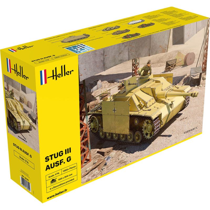 Detailed model kit of Heller's Stug III Ausf. G featuring movable cannon, customizable camouflage, and intricate parts for realism.