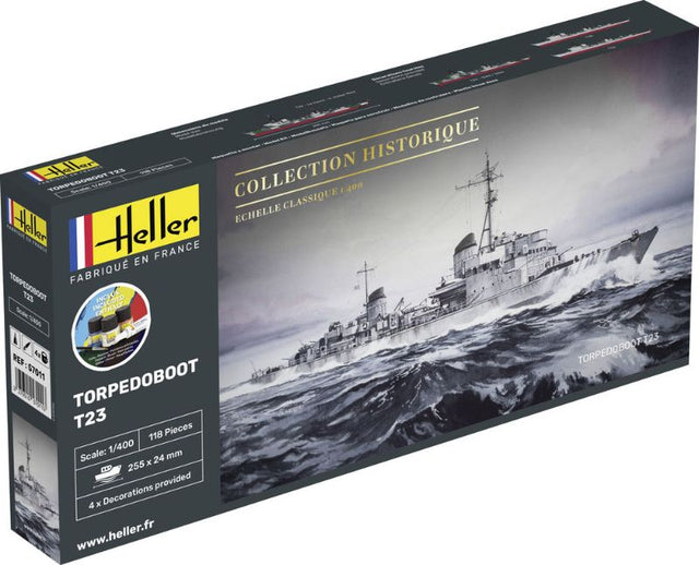 Detailed model kit of the Heller Torpedoboot T23, showcasing intricate naval features and robust design for enthusiasts.