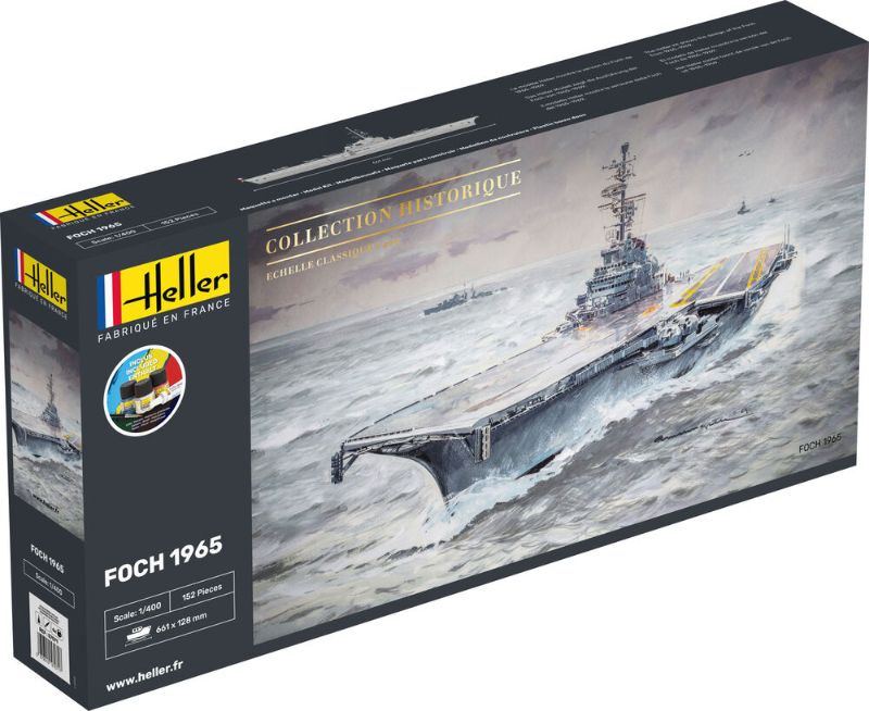 Model ship kit of the aircraft carrier Foch (R 99), ideal for enthusiasts with detailed parts and easy instructions.