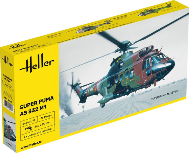 Scale model of the Heller Super Puma AS 332 M2 helicopter, showcasing its detailed design and tactical transport capabilities.