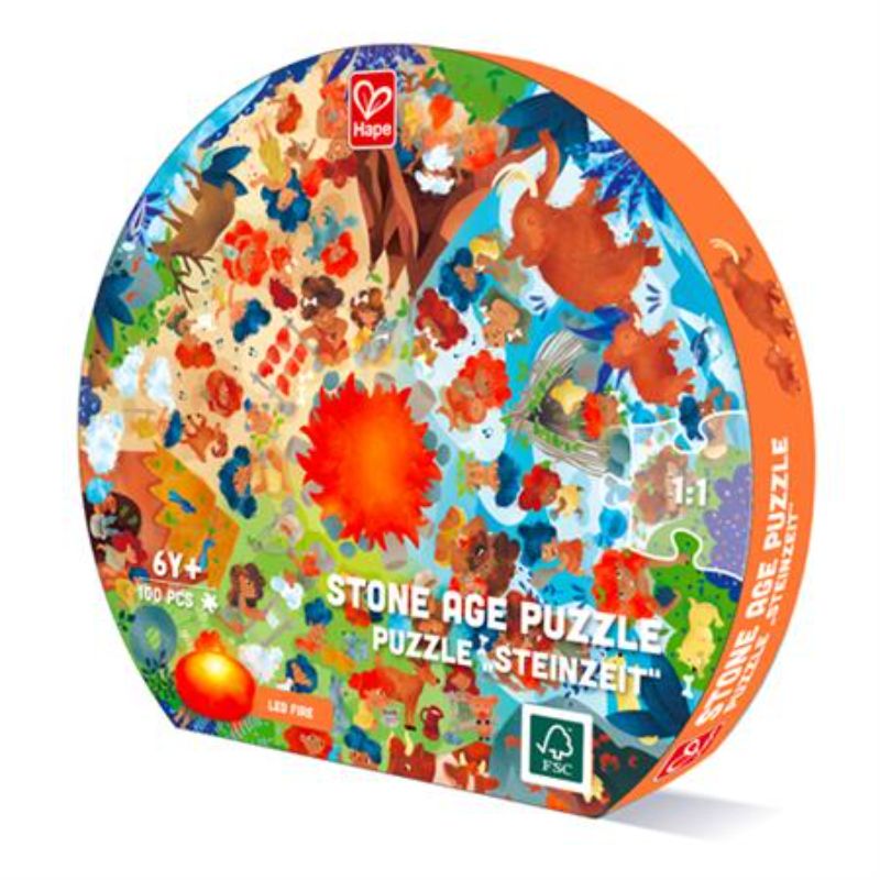 Hape Stone Age Puzzle featuring 100 vibrant pieces, LED candle, and double-sided poster for educational fun aged 3+.