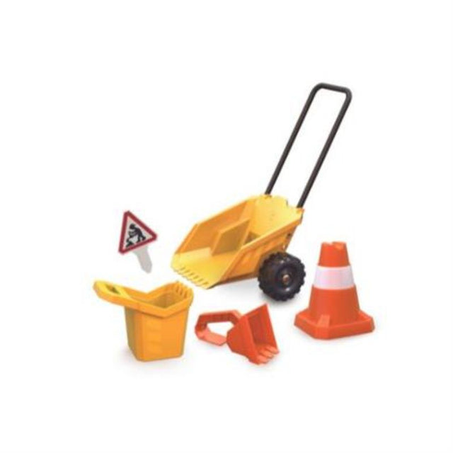 Hape Dumper Sand Toy Set features eco-friendly construction toys for creative play, including a dumper, digger, bulldozer, cone, and sign.