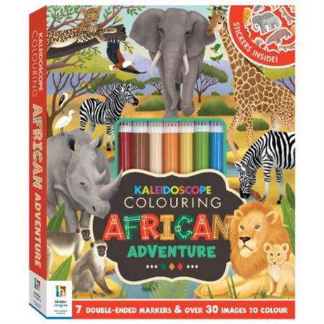 Colouring Kit featuring African wildlife designs, 7 double-ended markers, 64 pages, and a bonus sticker sheet for creative fun.