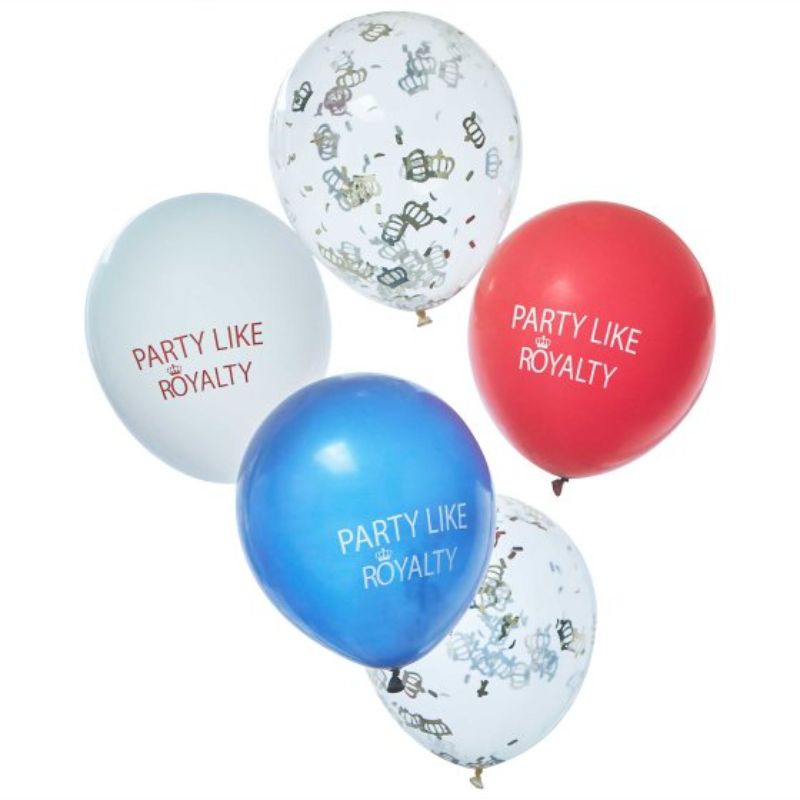 Coronation Party Latex Balloons pack of 5 includes Navy, Red, White, and two confetti-filled clear balloons for royal events.