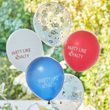 Vibrant pack of 5 coronation-themed latex balloons featuring royal colors and crown confetti for festive celebrations.