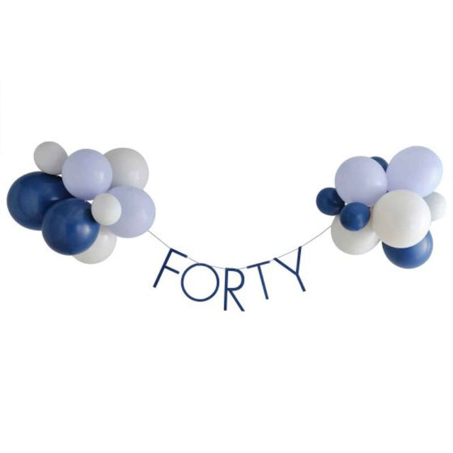 Navy balloon bunting for 40th birthday celebrations, crafted to create a festive atmosphere and easy to assemble.