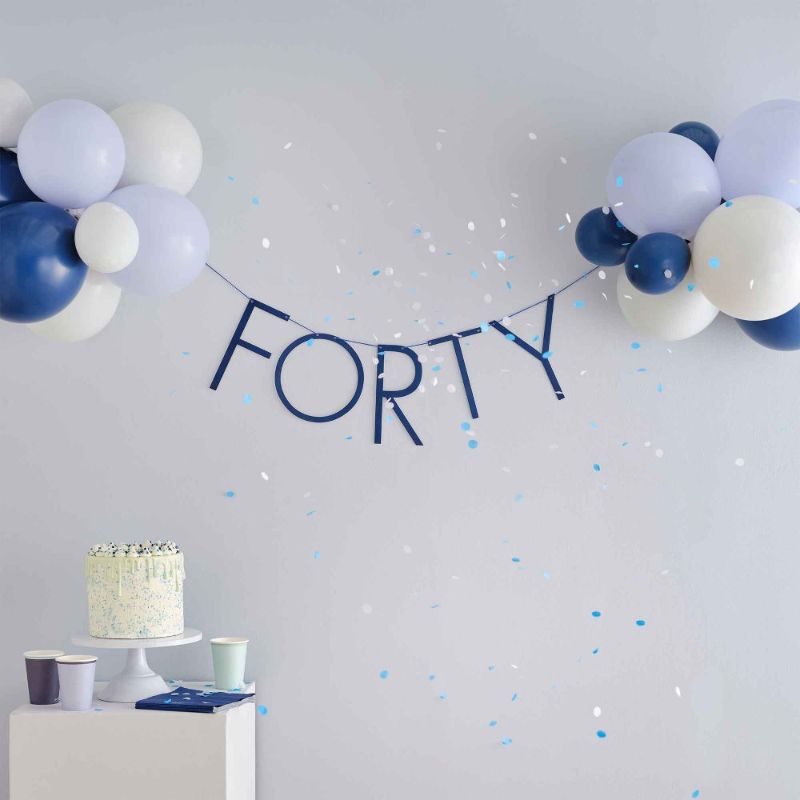 Navy 40th birthday milestone balloon bunting, perfect for festive celebrations and easy to assemble for any theme.