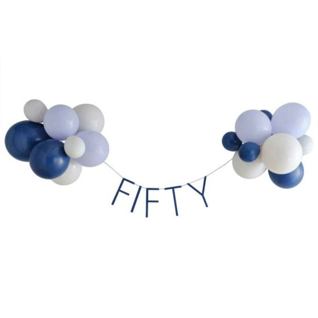 Navy balloon bunting for a stylish 50th birthday celebration, perfect for festive backdrops and easy to hang.