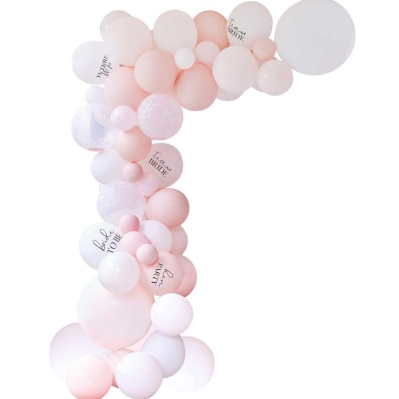 Elegant balloon arch kit featuring white, pink, and confetti balloons for a stunning hen party celebration.