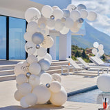 Elegant white and silver balloon arch kit for hen parties, includes 75 balloons for stunning event decor and memorable photos.