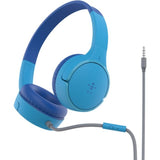 Belkin Mini Wired On-Ear Headphones in blue for kids, featuring soft cushions, volume limiter, and adjustable headband.