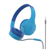 Blue Belkin SOUNDFORM Mini Wired On-Ear Headphones for Kids with soft cushions, adjustable headband, and volume limiter.