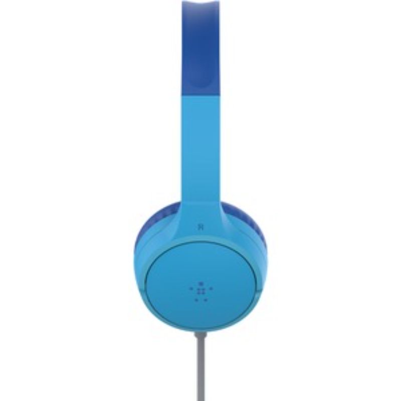 Belkin SOUNDFORM Mini Wired On-Ear Headphones for Kids in blue, featuring a volume limiter, comfort cushions, and durable design.