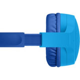 Blue Belkin SOUNDFORM Mini wired on-ear headphones for kids, featuring volume limiter and soft cushions for comfort.