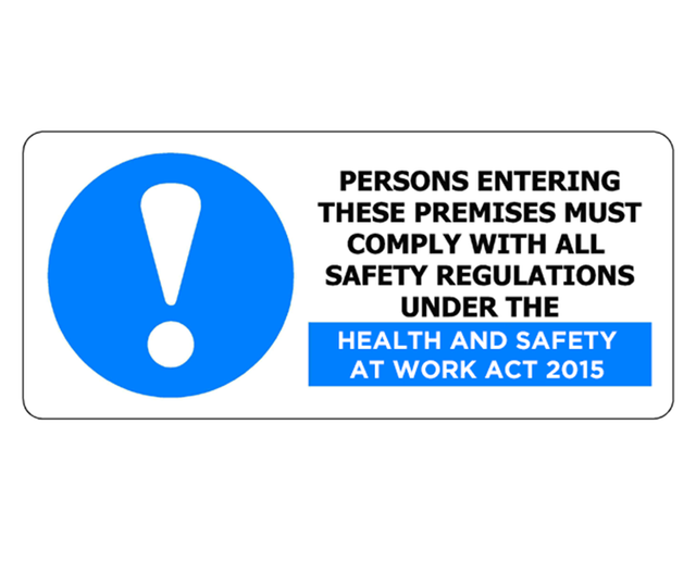 Safety sign measuring 450x200mm, indicating mandatory compliance with safety regulations for entering premises.