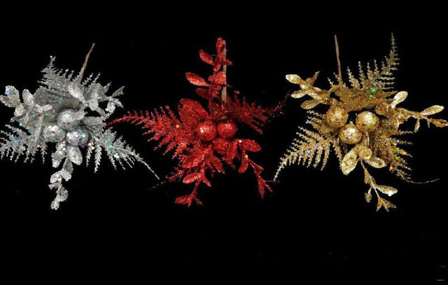7-inch artificial fern pick with glitter and berries, perfect for floral arrangements and home decor.