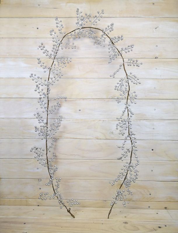 6-foot silver artificial berry garland, ideal for elegant decor at weddings and parties, mimics real berries with low maintenance.