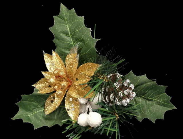 Vibrant artificial poinsettia pick with pine cone and snowball accents, perfect for festive holiday decor and centerpieces.