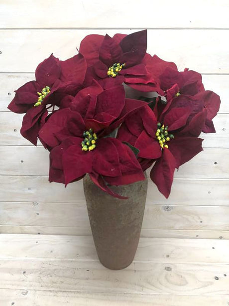 Large Burgundy artificial poinsettia bush with five blooms, perfect for festive decor and year-round beauty, 22cm tall.