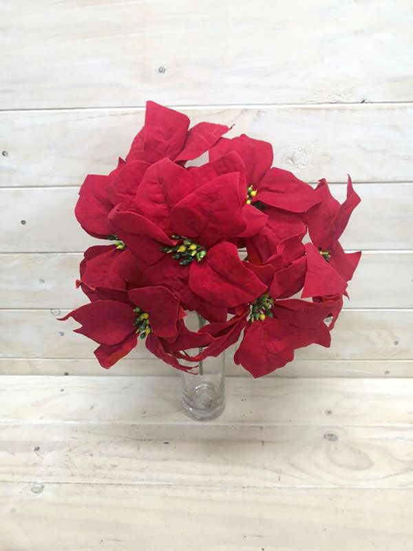 Vibrant red artificial poinsettia bush with 7 lifelike flowers, perfect for festive holiday decor and centerpieces.