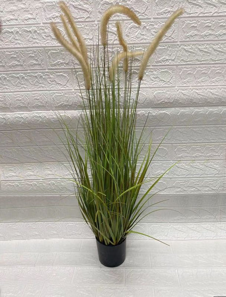 Lifelike 120cm artificial onion grass plant pot with cat tails, perfect for adding elegance to any indoor space.