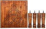 Handcrafted Triquetra altar table in light mango wood, ideal for spiritual practices, measuring 35cm square and 30cm high.