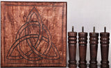 Handcrafted dark mango wood altar table with hand-carved Triquetra, perfect for spiritual rituals and small spaces.