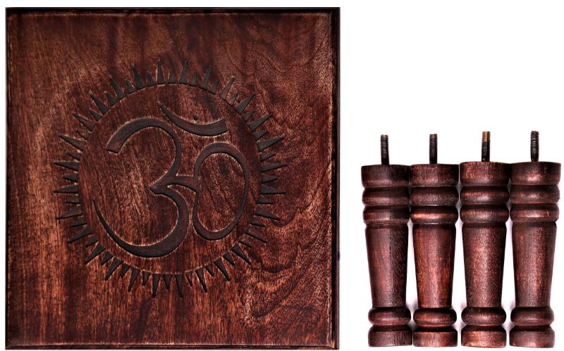 Handcrafted dark mango wood altar table with a hand-carved Ohm symbol, ideal for meditation and spiritual rituals.