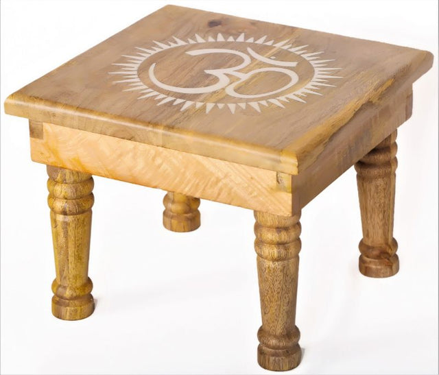 Handcrafted white altar table with a carved Ohm symbol, ideal for meditation, rituals, and various spiritual practices.